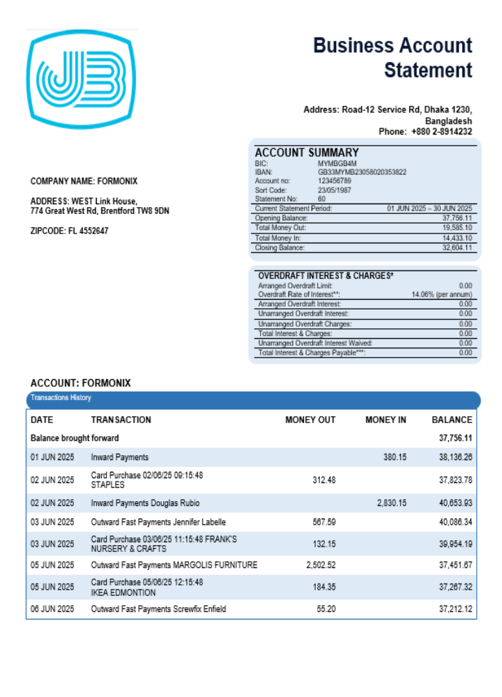 Relevé bancaire professionnel de Janata Bank au format Word et PDF